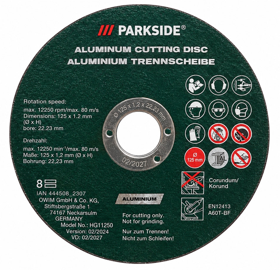 8x PARKSIDE Aluminium-Trennscheibe (Ø 125 x 1,2 x 22,23 mm) für Aluminium und NE-Metalle