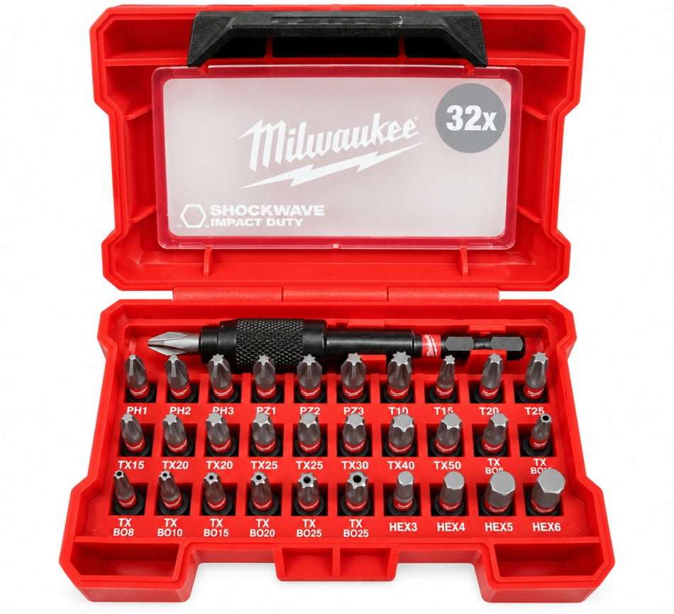 MILWAUKEE SHOCKWAVE Bit-Satz (32-teilig, 25mm, 1/4" Hex, inkl. Bithalter) 4932464240