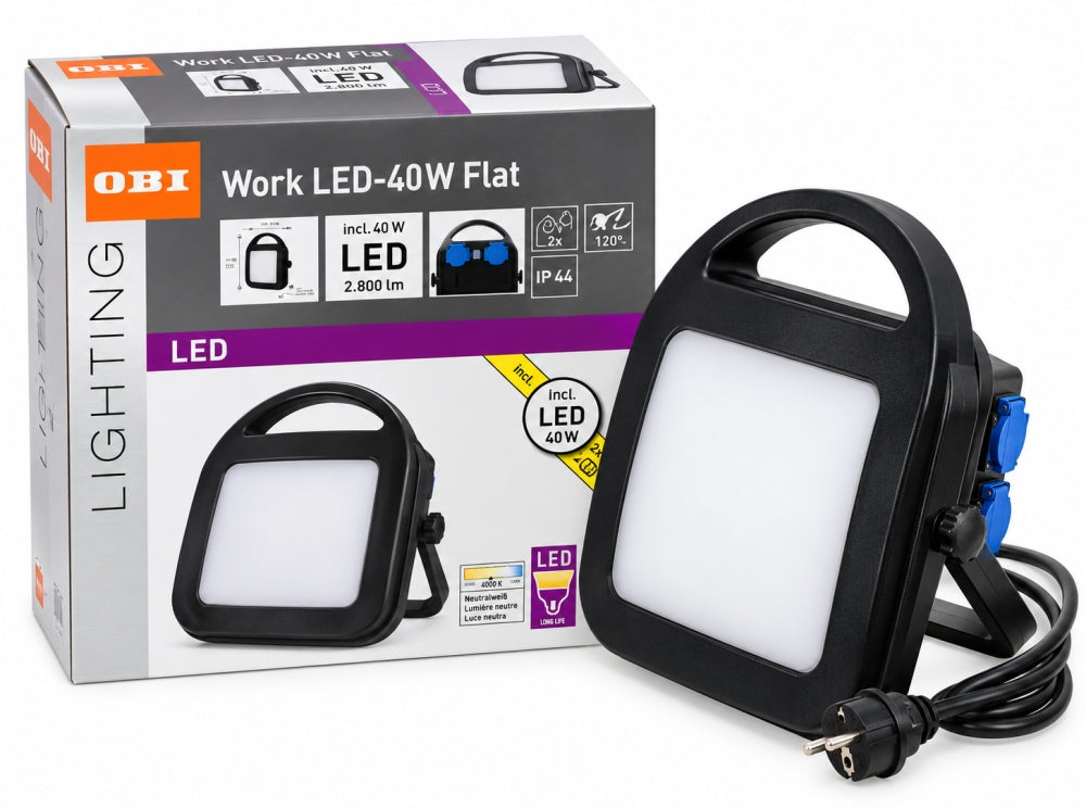 OBI Baustrahler LED (2800lm, 40W, mit 2 Steckdosen)