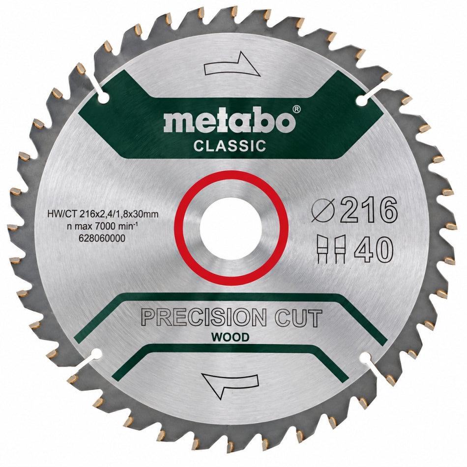 METABO HM-Kreissägeblatt 216 x 30 mm (40 Zähne, Schnittbreite 2,6 mm, HW/CT)