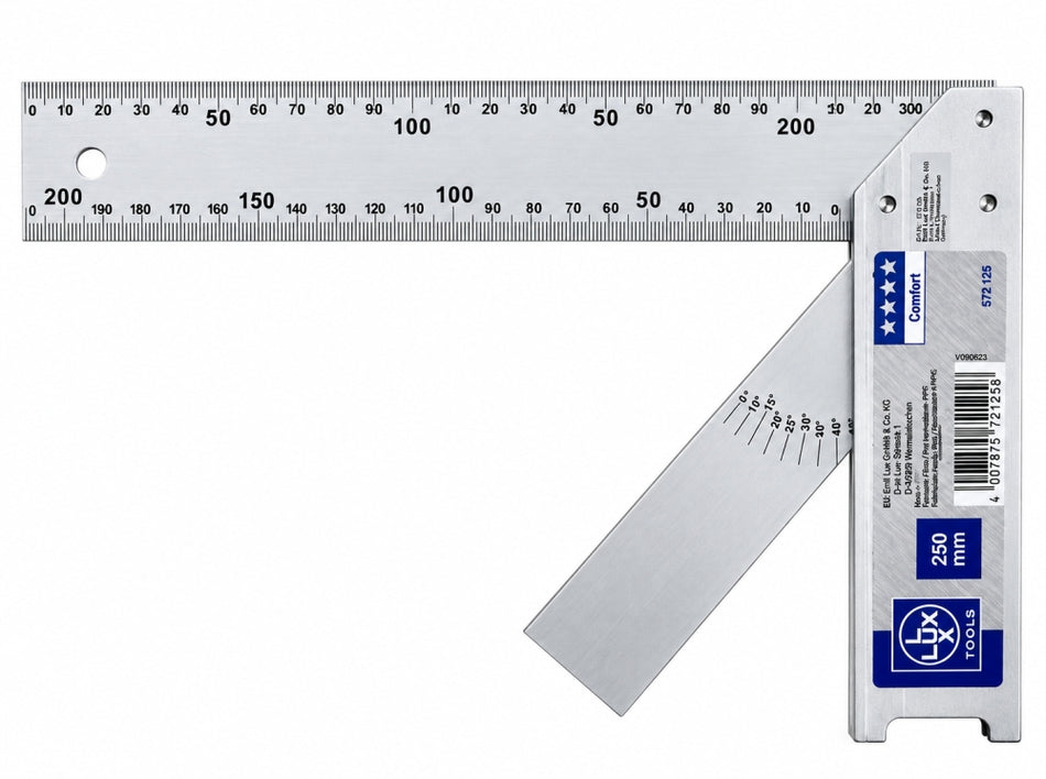 LUX-TOOLS Kombinationswinkel 'Comfort' (250 mm) mit Winkelmesser & Millimeterskala 572125