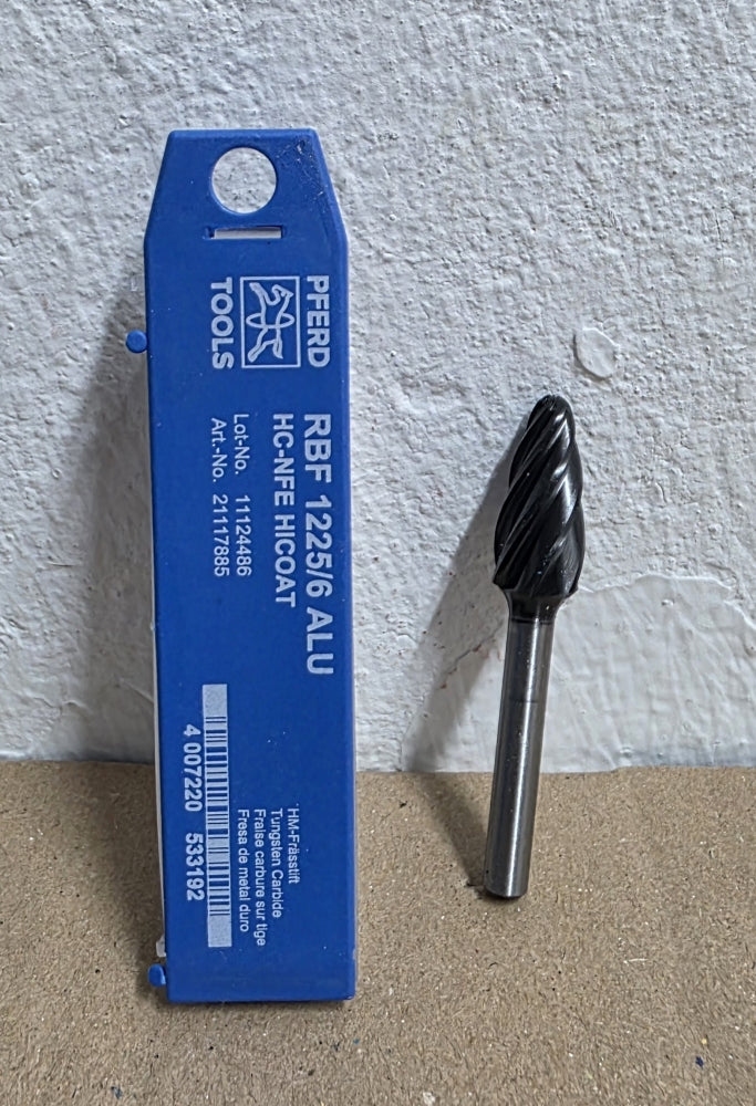 PFERD Hartmetall-Hochleistungsfrässtift ALU Rundbogen RBF (Ø 12x25mm, Schaft-Ø 6mm)