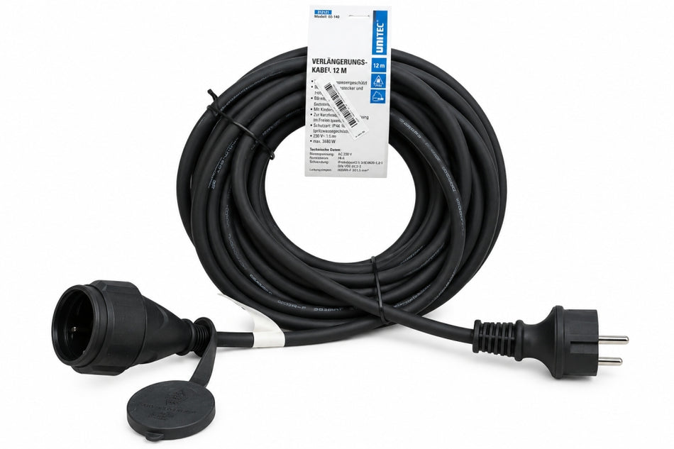 UNITEC Verlängerungskabel 12M SCHWARZ für Außenbereich (IP44, H05RR-F 3G1,5 mm²) 312121