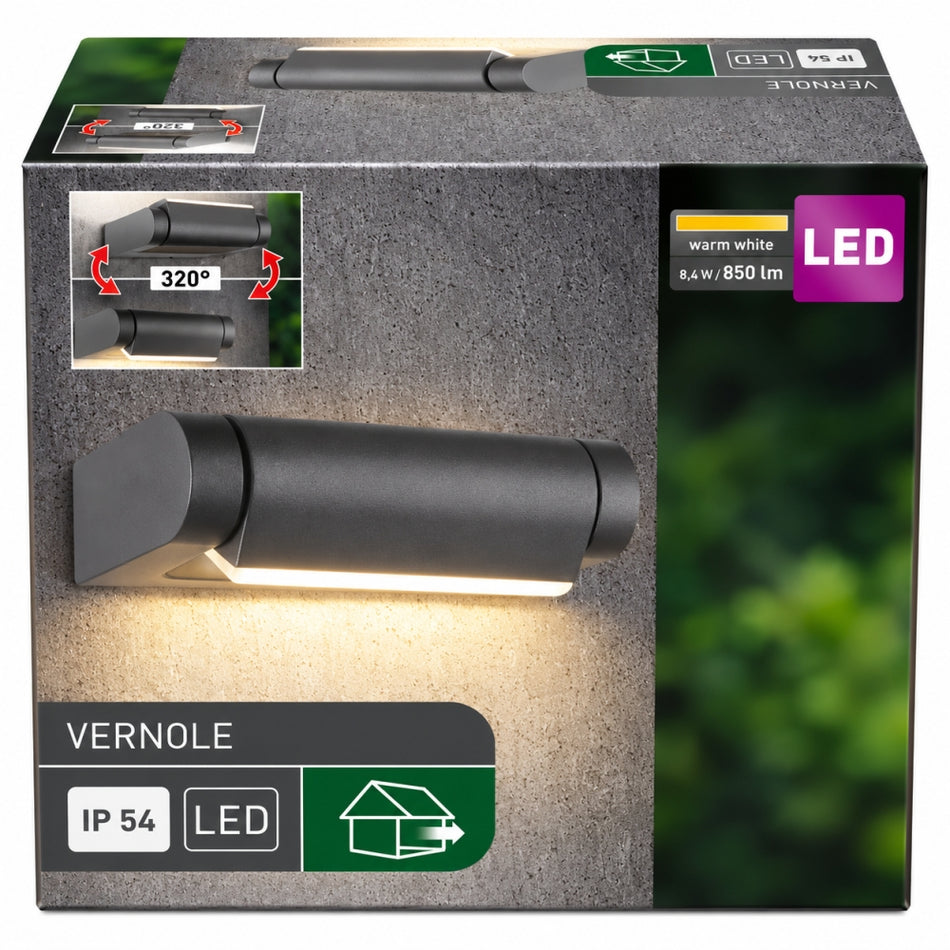 OBI Außenwandleuchte LED 'Vernole' Aluminium dunkelgrau (8,4 W, 850 lm, 3000 K, IP54, schwenkbar)
