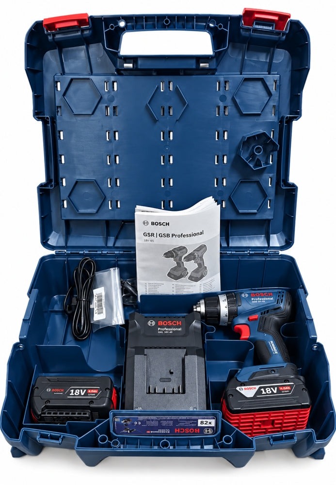 BOSCH Professional GSB 18V-65 Akku-Schlagbohrschrauber 18V (2x 4,0 Ah, 82-tlg. Zubehör, L-Case)