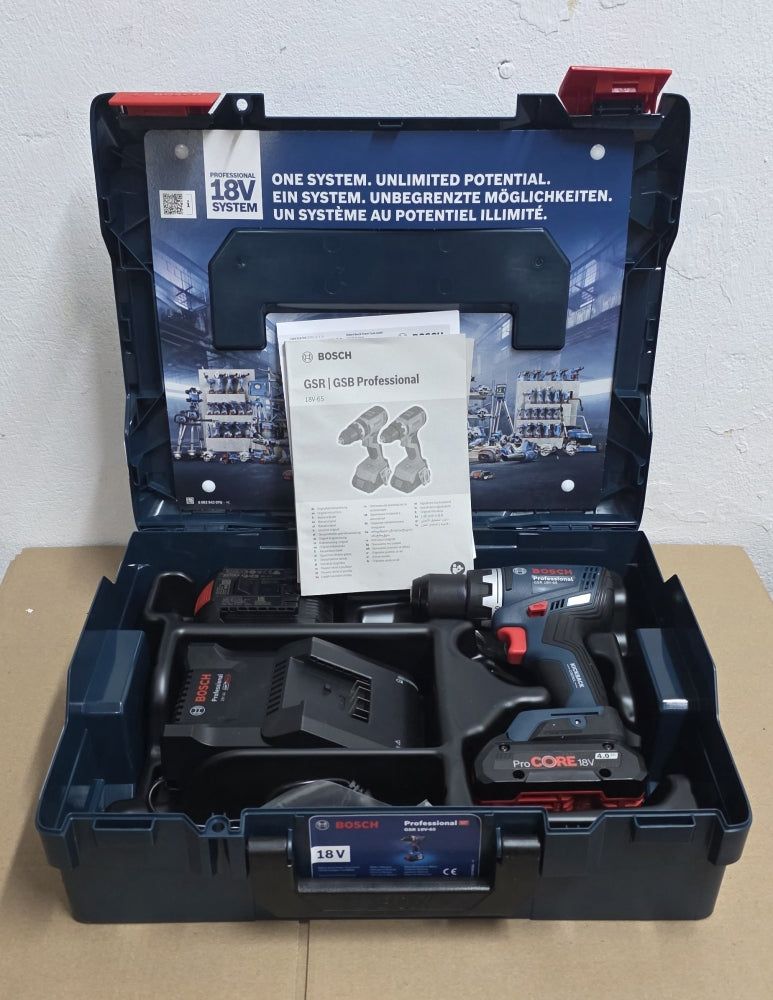 BOSCH Professional GSR 18V-65 Akku-Bohrschrauber 18V (2x ProCORE 4,0 Ah, Ladegerät, L-BOXX)