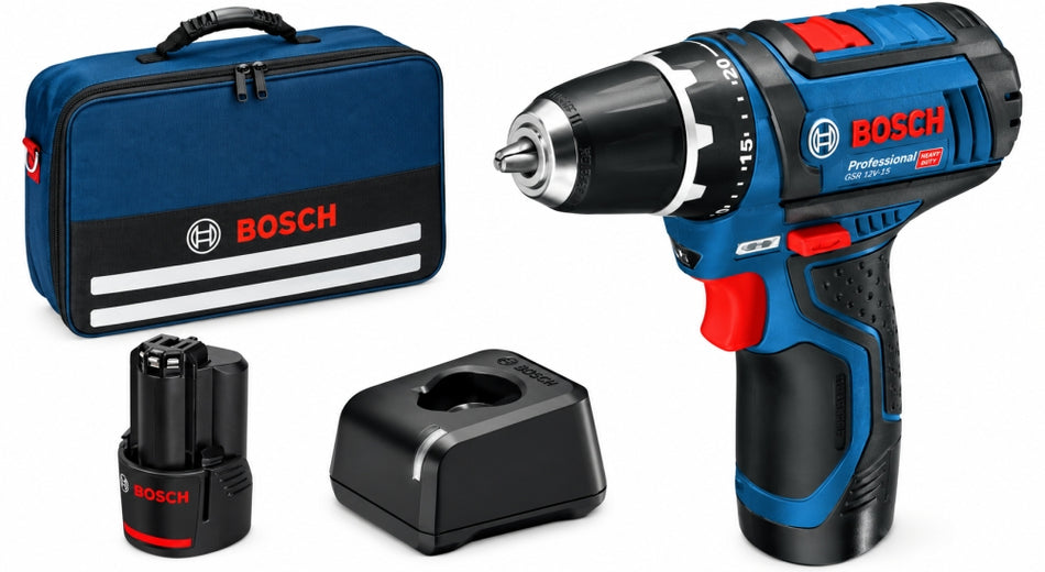 BOSCH Professional Akku-Bohrschrauber 'GSR 12V-15' 12V (30 Nm, 2× 2,0 Ah, Ladegerät, Tasche)