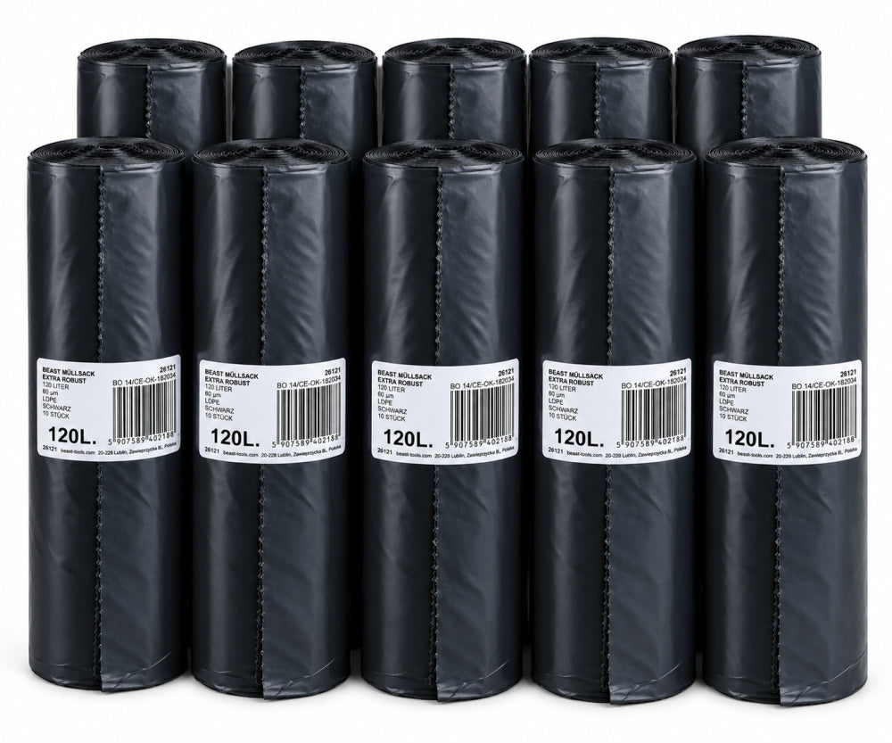 BEAST Müllsäcke extra robust (120L, 60my, LDPE, schwarz)  / (Art) 10 Rolle (100 Säcke)