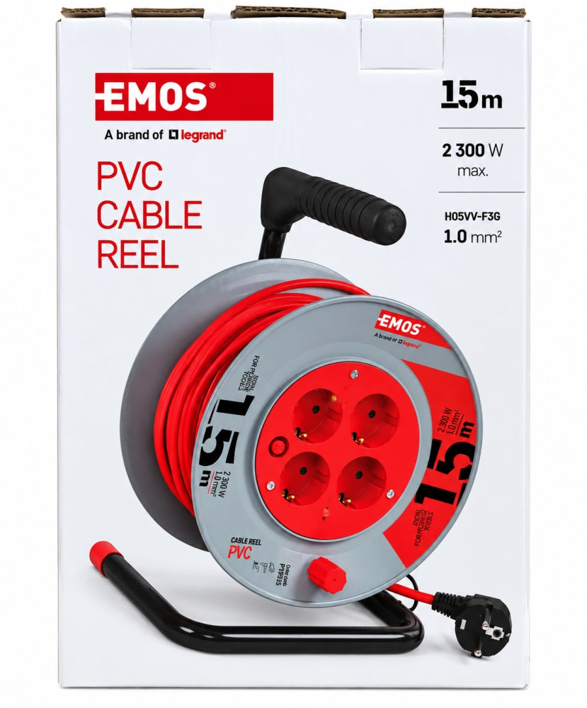 EMOS Kabeltrommel mit 4 Steckdosen für Innenbereich (15 m, 2300 W, 3G1,0 mm²)