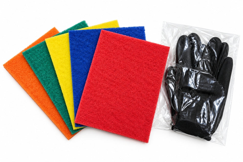 5x HINRICHS Schleifvlies-Handpad (P120 / 15,5x21cm) + Arbeitshandschuhe
