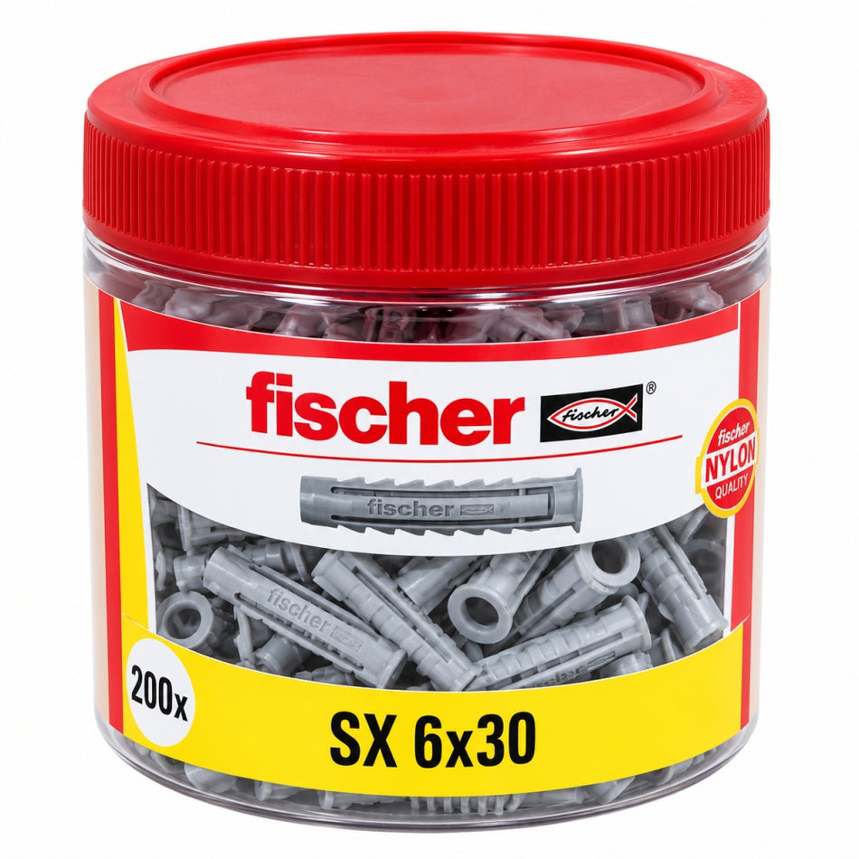 200x FISCHER Dübel 'SX 6 x 30' (Nylon, für Ø 4–5 mm Schrauben) in Dose