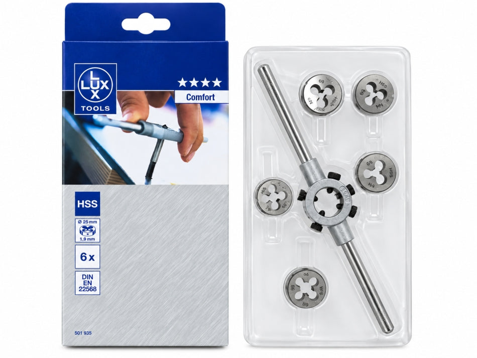 LUX-TOOLS Schneideisen-Set 'Comfort' (6-teilig, M4–M10, HSS-Stahl, inkl. Schneideisenhalter) 501935