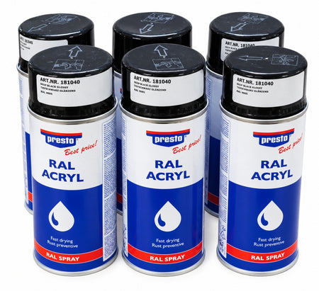 PRESTO Acryllackspray Tiefschwarz glänzend (RAL 9005) [Menge wählbar]  / (Art) 6 Dosen (400ml)