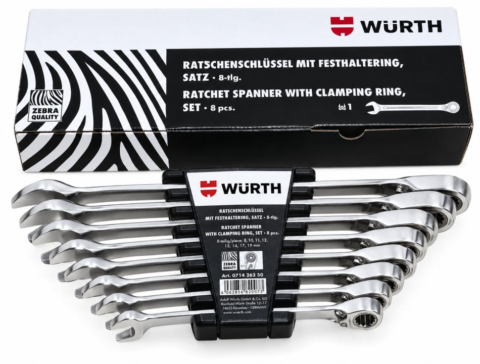 WÜRTH Ratschen-Ring-Maulschlüssel-Satz (8-teilig, SW 8-19) umschaltbar mit Haltering (071426550)