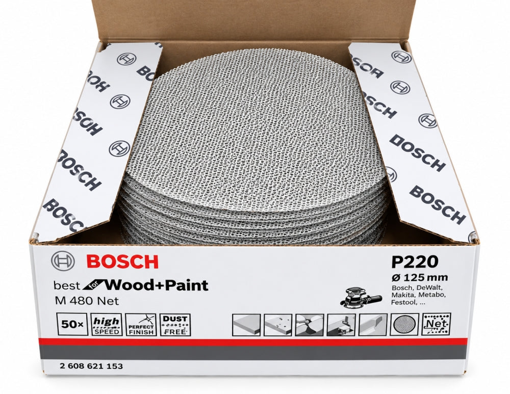 50x BOSCH Klett-Schleifgitter M480 Net (Ø 125mm, P220) 2608621153