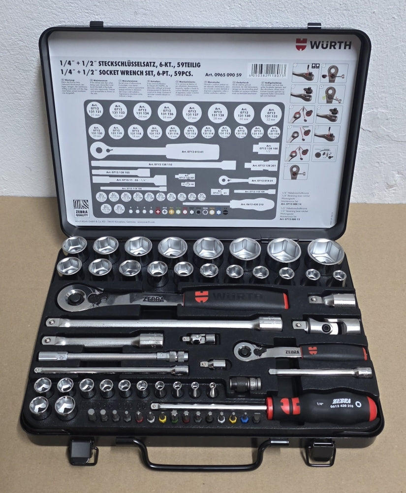 WÜRTH ZEBRA Ratschen-Steckschlüssel-Satz im Koffer (1/4 + 1/2 Zoll, 59-teilig)