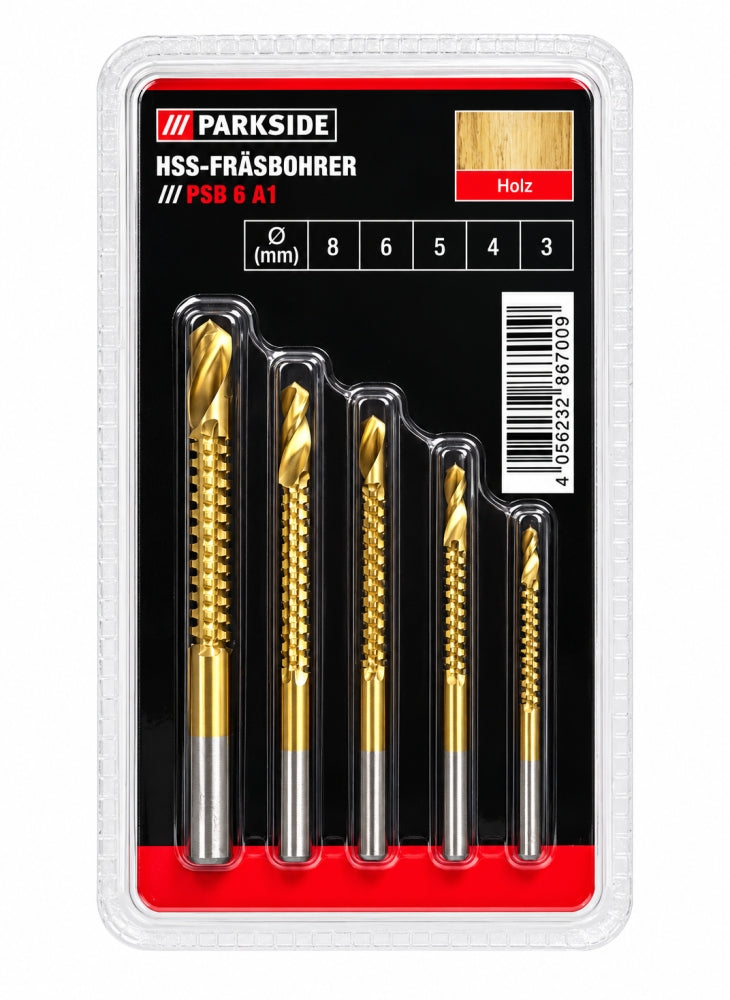 PARKSIDE Fräsbohrer HSS-TIN (5-teilig, für Holz, 3-8 mm)