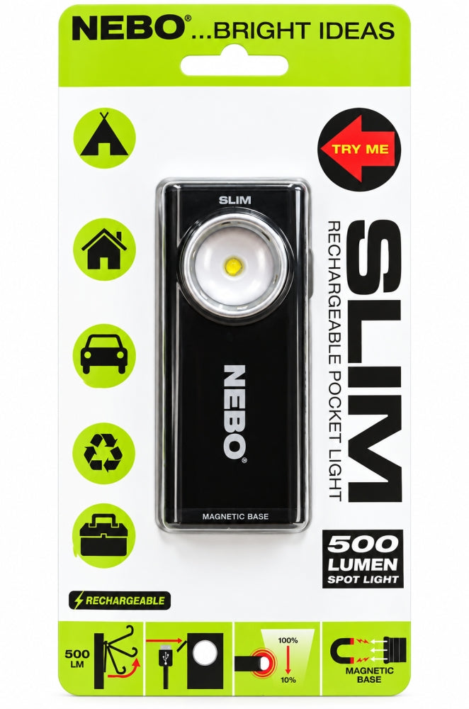NEBO LED-Akku-Arbeitsleuchte 'SLIM' 500 lm dimmbar mit Magnetfuß & USB-Ladung NB6694