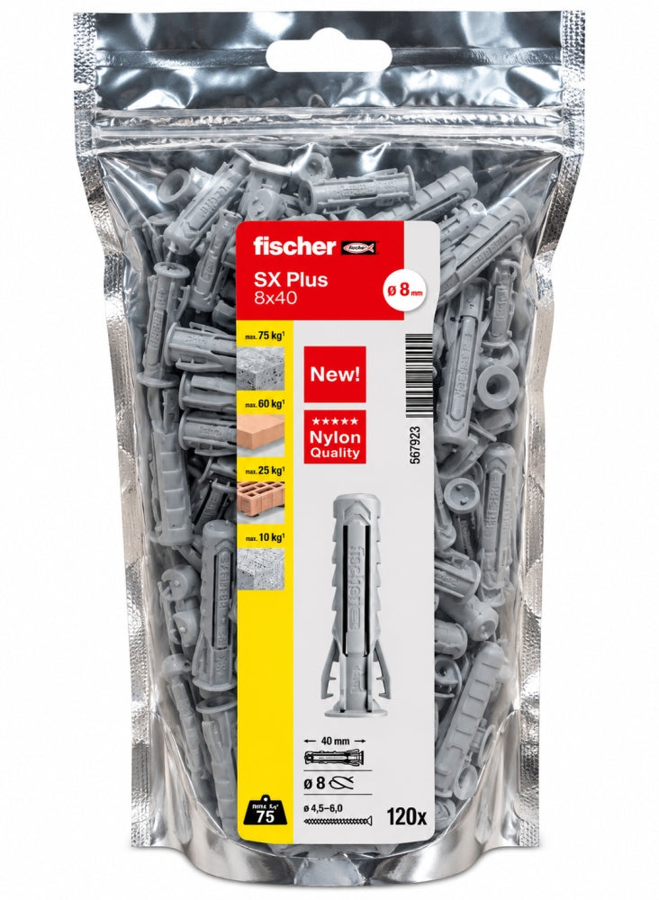 FISCHER Dübel 'SX Plus 8 x 40' (120 Stück, Nylon, für Ø 4,5–6 mm Schrauben) in Tüte