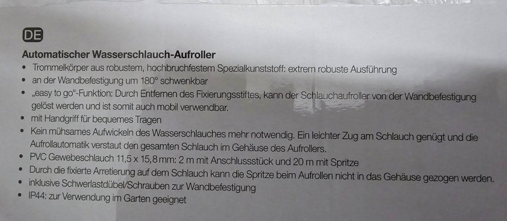 Wasserschlauch Trommel (20m) automatische Aufrollfunktion 