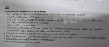 Wasserschlauch Trommel (20m) automatische Aufrollfunktion 