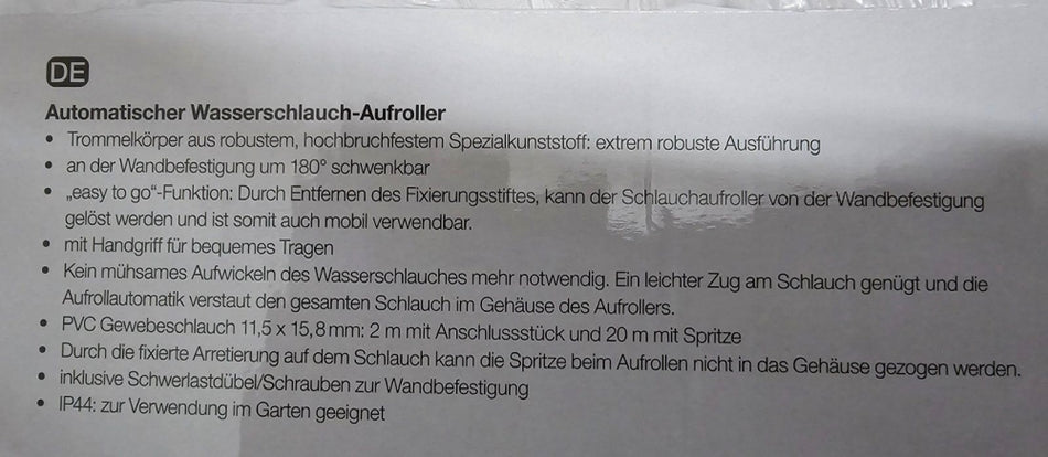 Wasserschlauch Trommel (20m) automatische Aufrollfunktion 