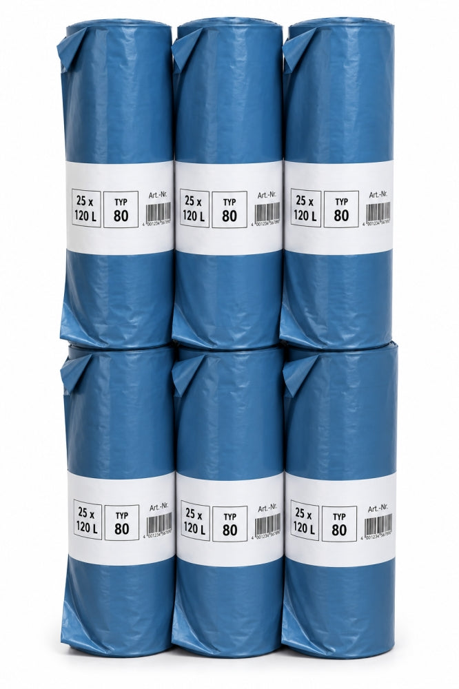 Profi Müllsäcke 'Ultra Stark' (120L, 80µm, blau)  / (Menge) 6 Rollen (150 Säcke)