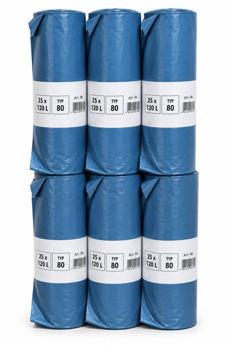 Profi Müllsäcke 'Ultra Stark' (120L, 80µm, blau)  / (Menge) 6 Rollen (150 Säcke)