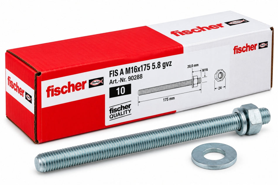 10x FISCHER Ankerstange (M16 x 175 mm, galvanisch verzinkt) 'FIS A 5.8 gvz' 90288