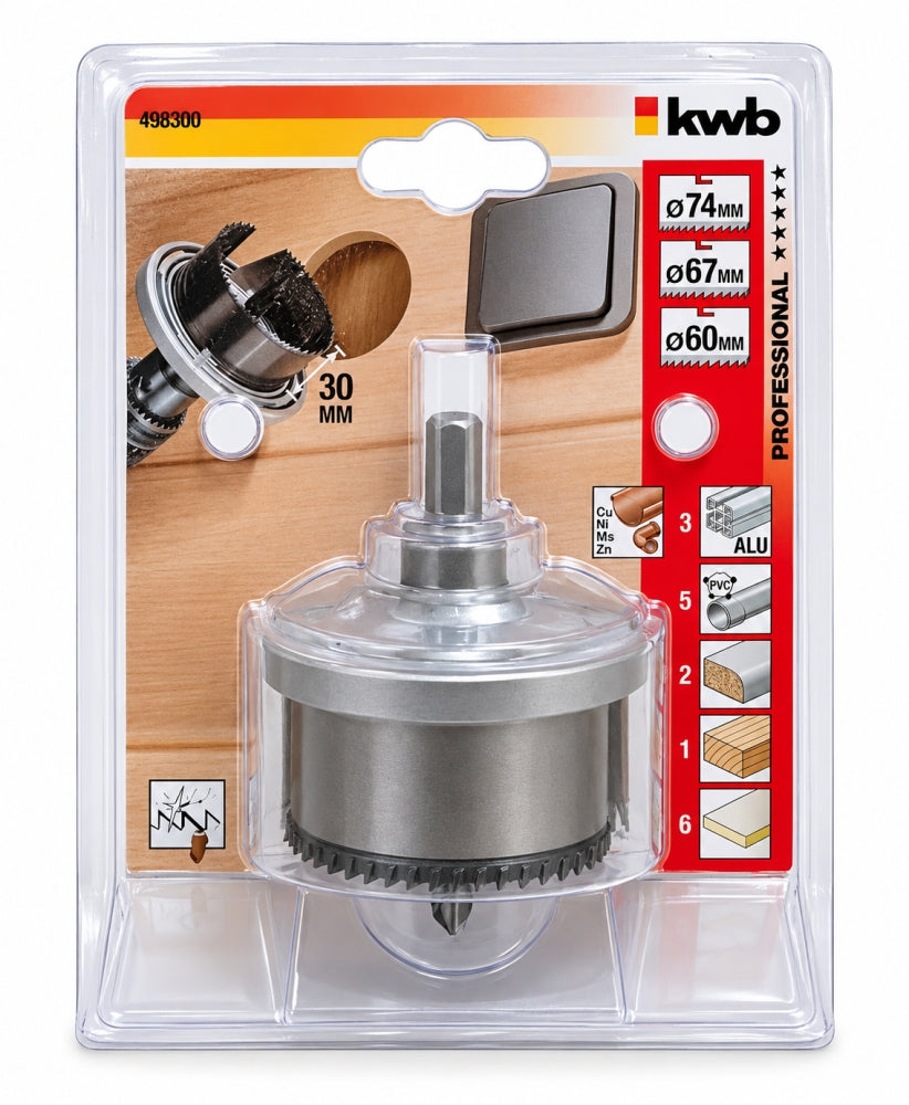KWB Lochsägen-Set 3-teilig (Ø 60 / 67 / 74 mm, 30 mm Schnitttiefe) 498300
