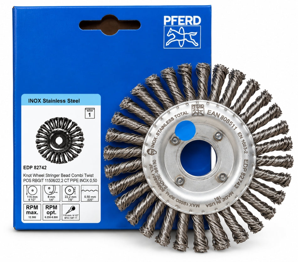 PFERD Gezopfte Rund-Drahtbürste Edelstahl INOX-TOTAL (Ø 115 x 6 x 22,2mm, 0,50mm)