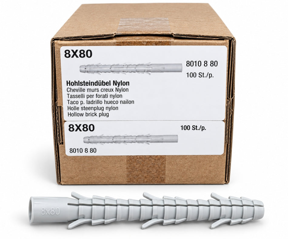 100x Hohlstein-Langdübel Ø 8,0 x 80mm
