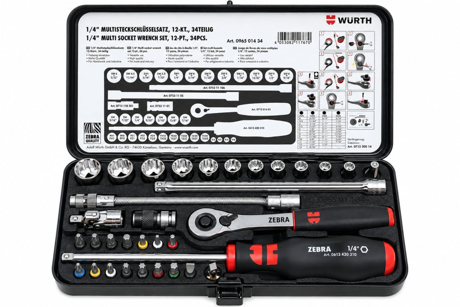 WÜRTH ZEBRA Ratschen-Steckschlüssel-Satz 1/4 Zoll 34-teilig (in Metallkassette)