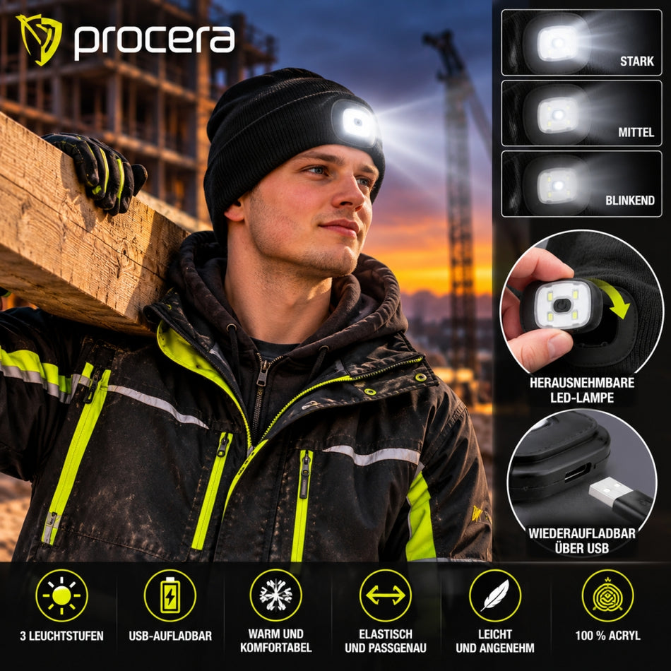 PROCERA LED-Strickmütze mit USB-Aufladung und 3 Leuchtstufen 'LED BLACK' (Schwarz)