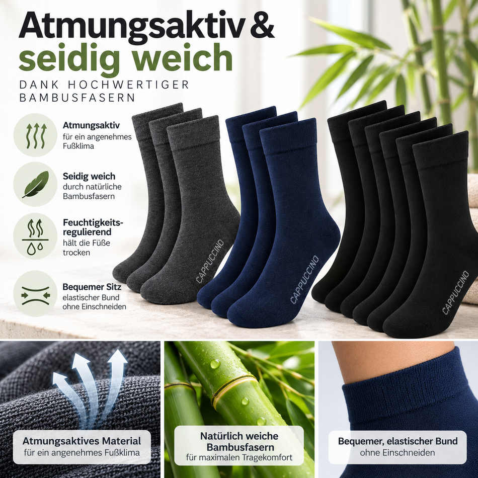 CAPPUCCINO Bambus-Socken (10 Paar) SCHWARZ/BLAU/ANTHRAZIT atmungsaktiv [Gr. wählbar]