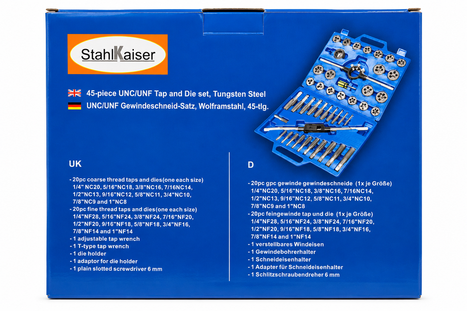 STAHLKAISER Gewindeschneidsatz UNC/UNF aus Wolframstahl (45-teilig) 03541
