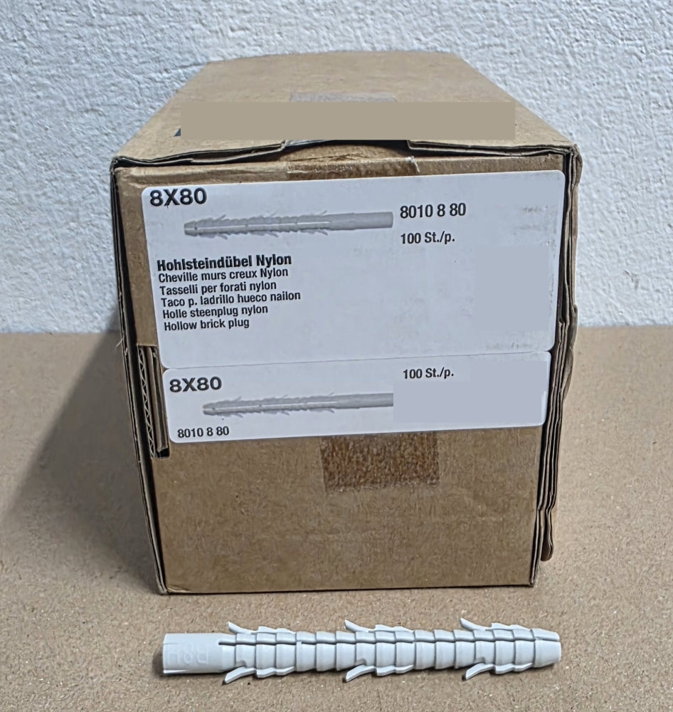100x Hohlstein-Langdübel Ø 8,0 x 80mm