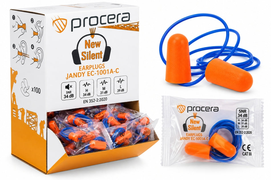 100x PROCERA Gehörschutzstöpsel 'NEW SILENT JANDY EC-1001A-C' mit Kordel (SNR 34 dB)