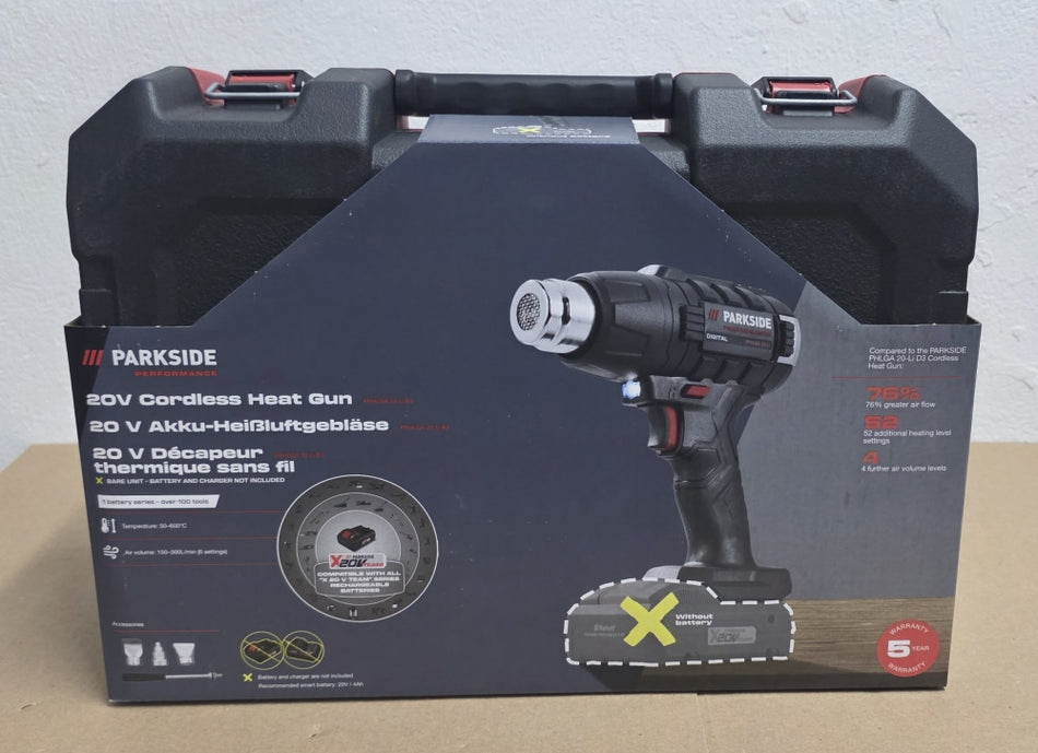 PARKSIDE PERFORMANCE 20V Akku-Heißluftgebläse 'PPHLGA 20-Li B3' (50–600 °C, 150–300 l/min, ohne Akku