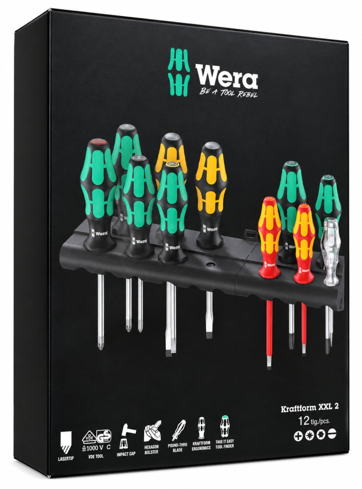 WERA Schraubendreher-Satz 'Kraftform XXL 2' (12-teilig, Schlitz/PH/PZ/TORX, inkl. 2 Wandhalterungen)
