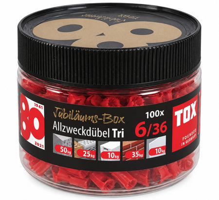 100x TOX Dübel 'Allzweckdübel TRI' (Ø 6 x 36mm) in Runddose