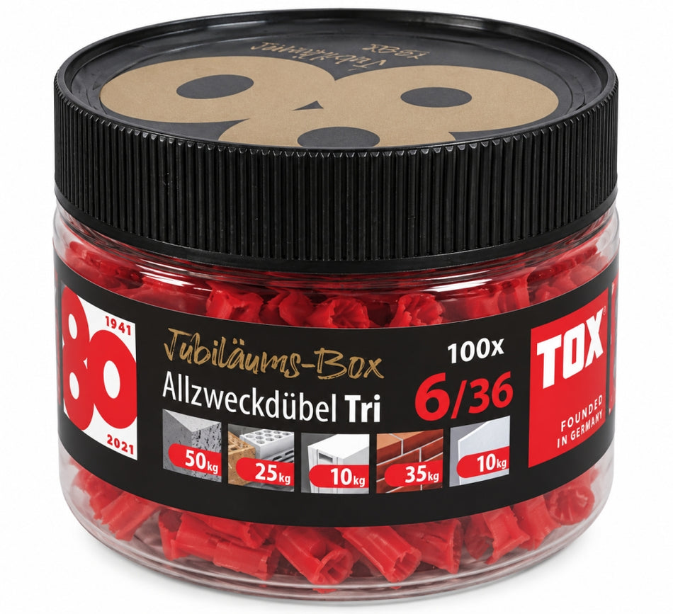 100x TOX Dübel 'Allzweckdübel TRI' (Ø 6 x 36mm) in Runddose