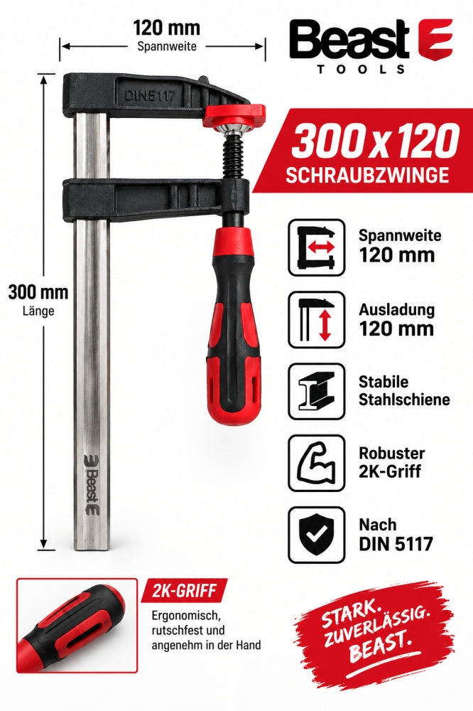 BEAST Schraubzwinge (300 x 120 mm, Spannkraft 200 kg, 2K-Griff)