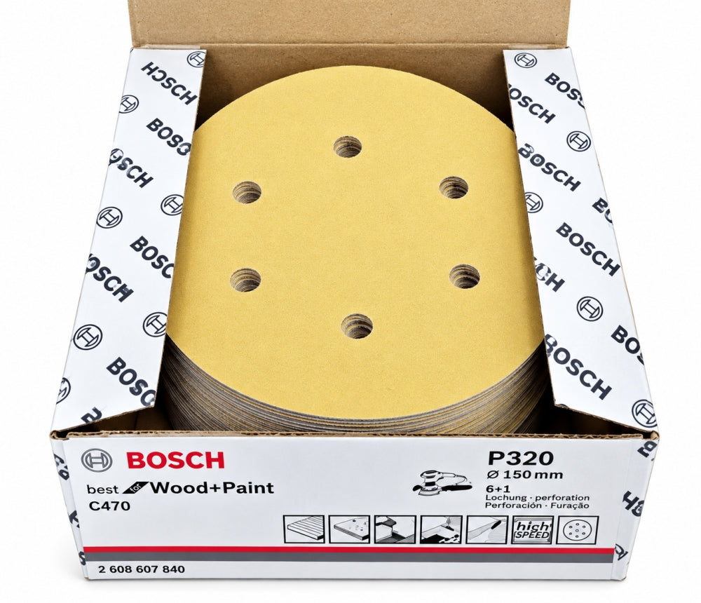 50x BOSCH Klett-Schleifscheiben (Ø 150mm, 6-Loch, P320) 2608607840