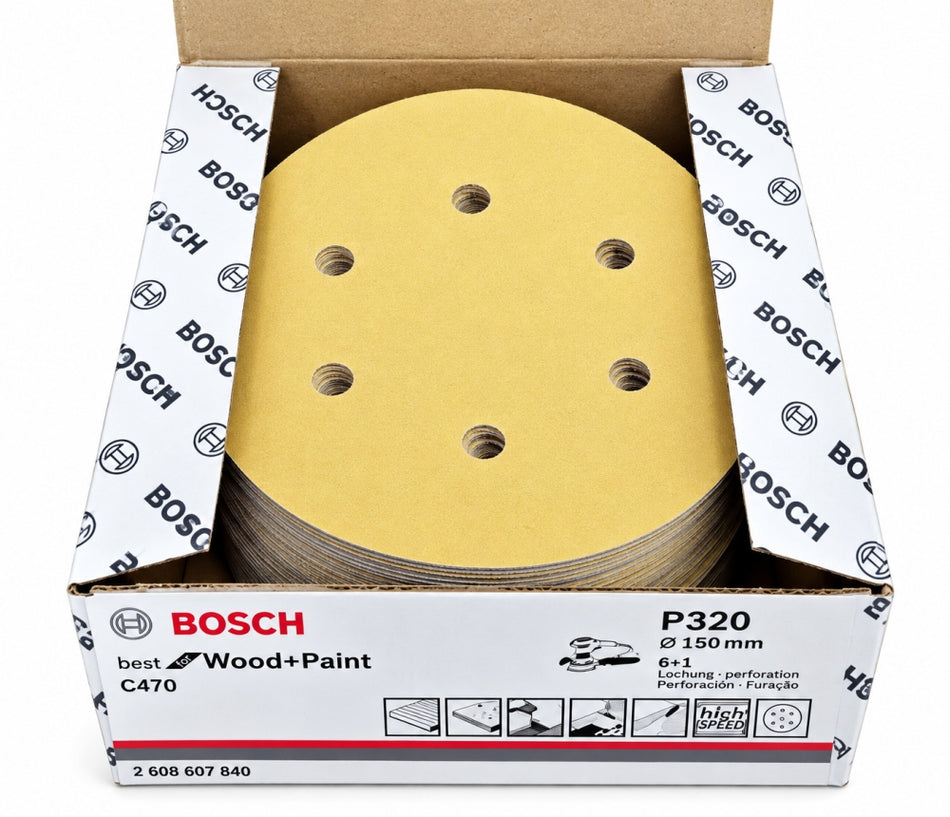 50x BOSCH Klett-Schleifscheiben (Ø 150mm, 6-Loch, P320) 2608607840