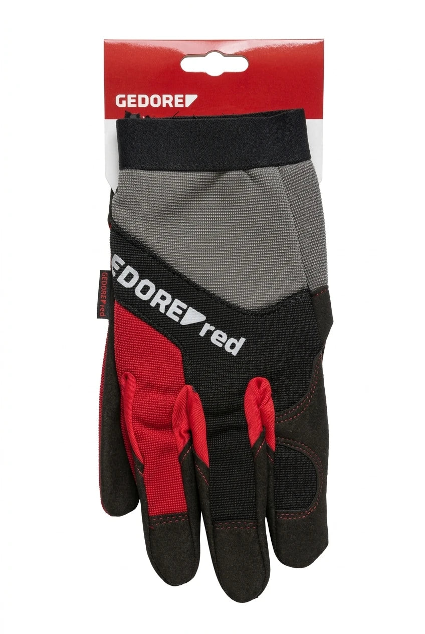 GEDORE Arbeitshandschuh R99110020 in Verpackung, Vorderseite, rot-schwarz-grau