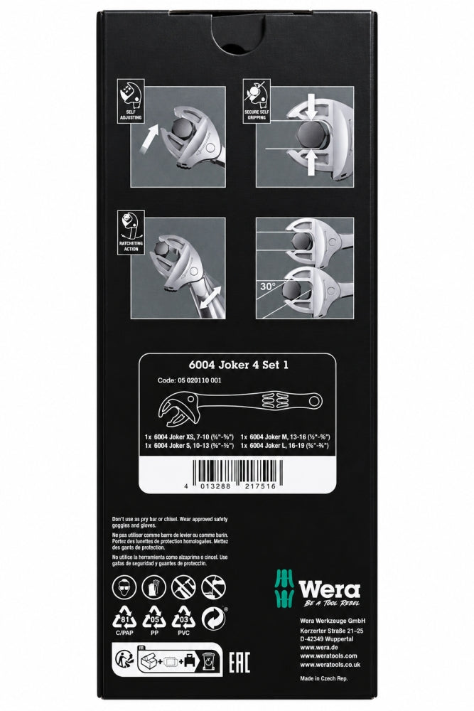 WERA Joker 6004 selbstjustierender Maulschlüssel-Satz (4-teilig, 7–19 mm) 05020110001