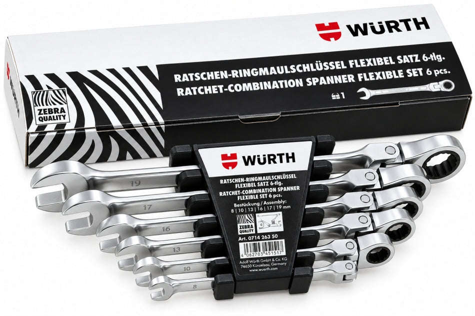 WÜRTH ZEBRA Ratschen-Ring-Maulschlüssel Satz mit Gelenk (6-teilig, SW 8-19mm) 