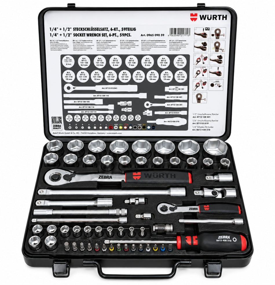 WÜRTH ZEBRA Ratschen-Steckschlüssel-Satz im Koffer (1/4 + 1/2 Zoll, 59-teilig)