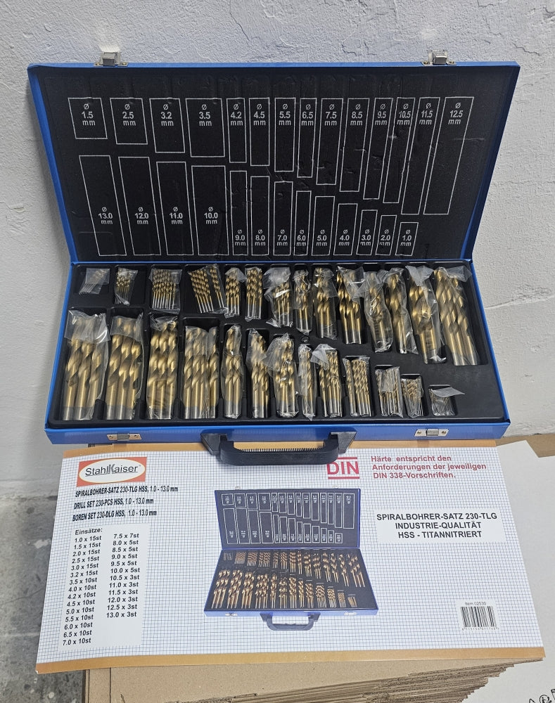 STAHLKAISER Metallbohrer Satz HSS-TiN DIN 338 (230-teilig, Ø 1,0-13,0mm)